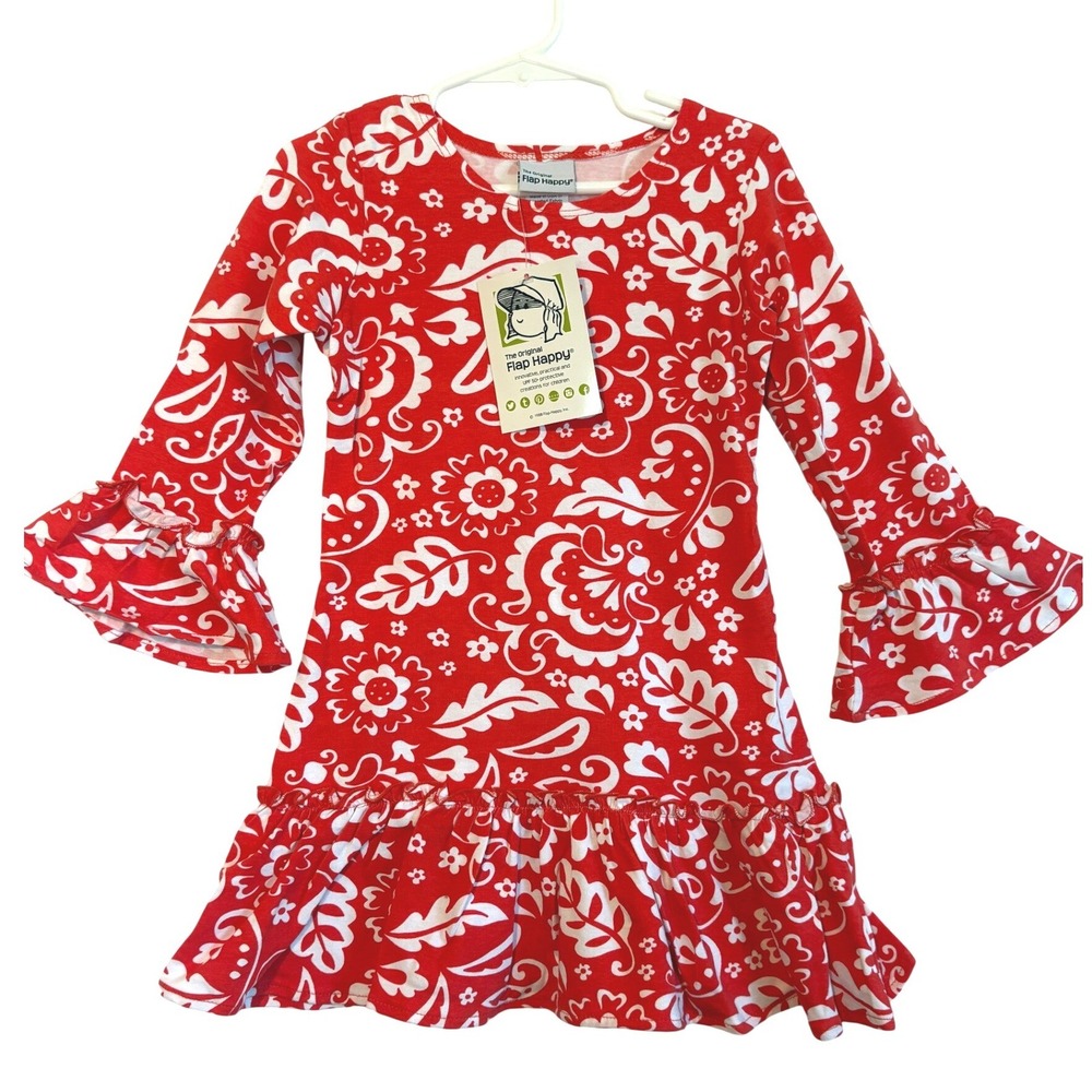Flap Happy Vintage Girls Red White Floral Bell Sleeve Dress SPF Size 4 NWT‎